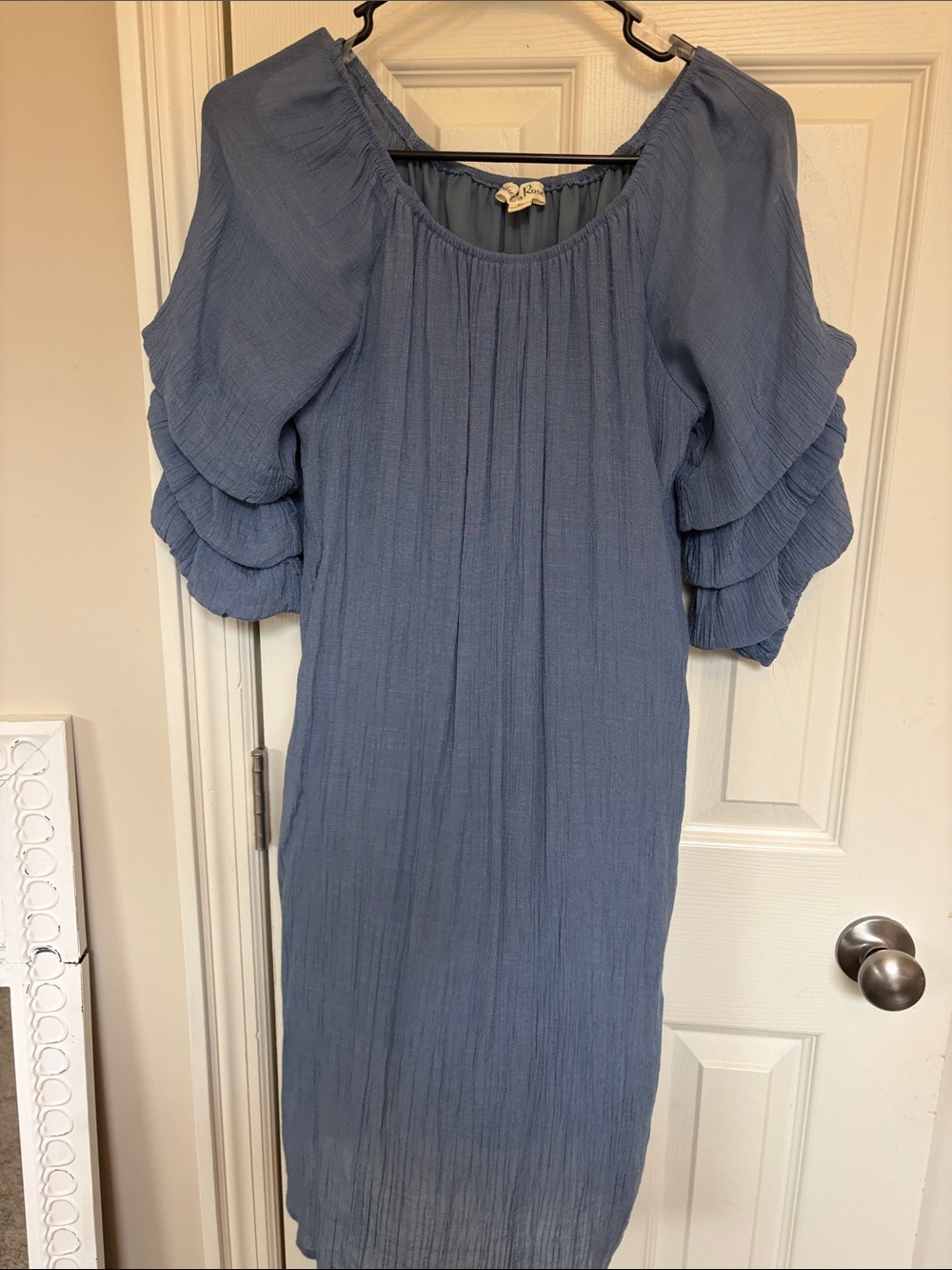 Dusty Blue Tiered Puff Sleeve Midi Dress